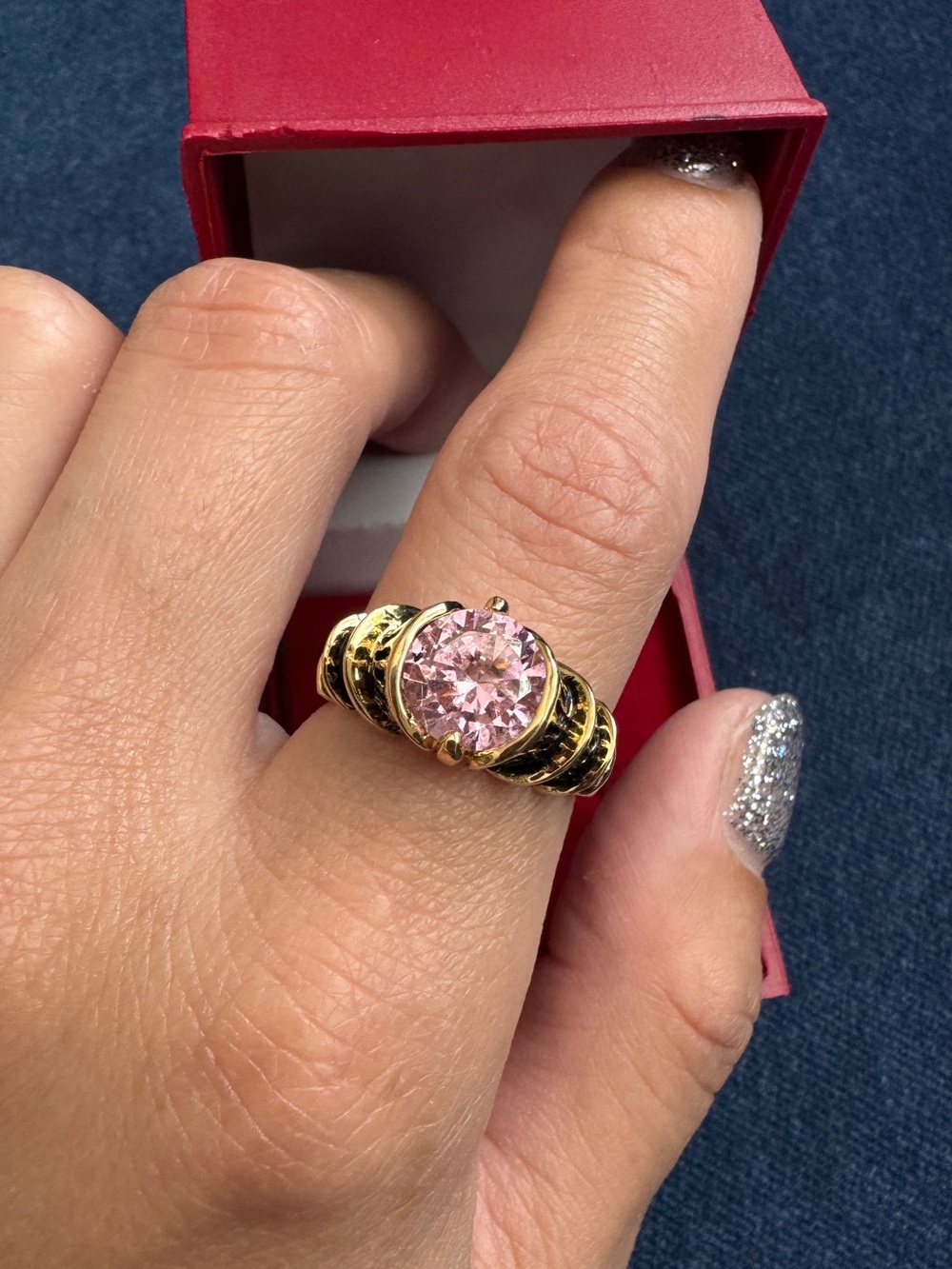 Stunning gold tone with pink stone cocktail Ring size 7